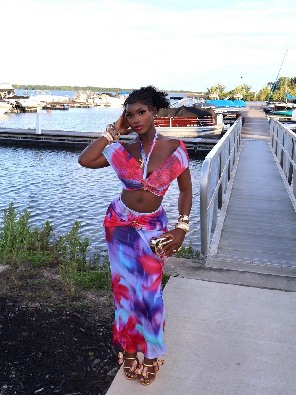 Fashion Nova Pink Purple Blue Tie-Dye Off-Shoulder Skirt Set